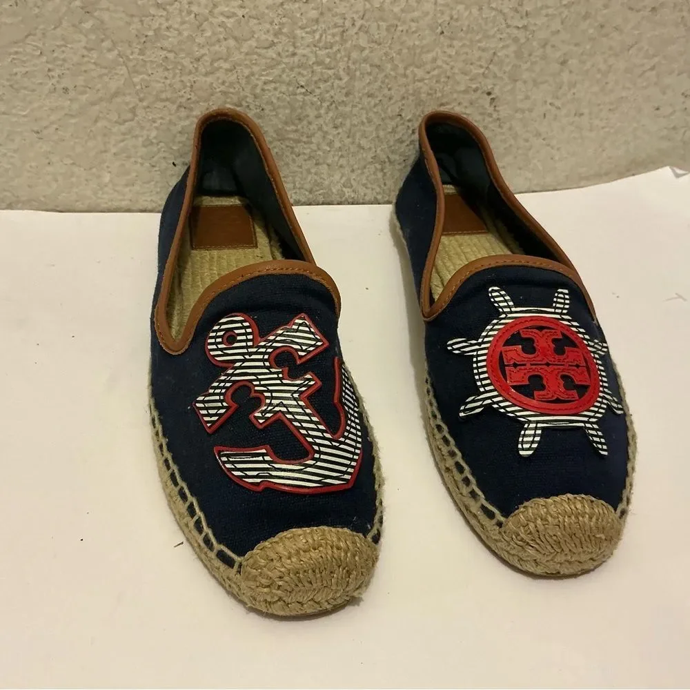 Tory Burch Nautical Navy Blue Canvas & Leather Espadrilles size 10